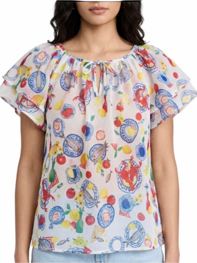 Corey Lynn Calter Festive Feast Blouse Size L Lobster Lemon Flutter Sleeve EUC